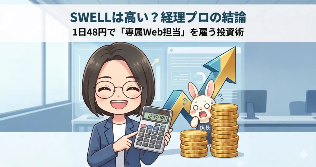 SWELLは高い？経理プロが試算した「1日48円の投資」という結論に驚くうさぎ店長と、右肩上がりのグラフのイラスト