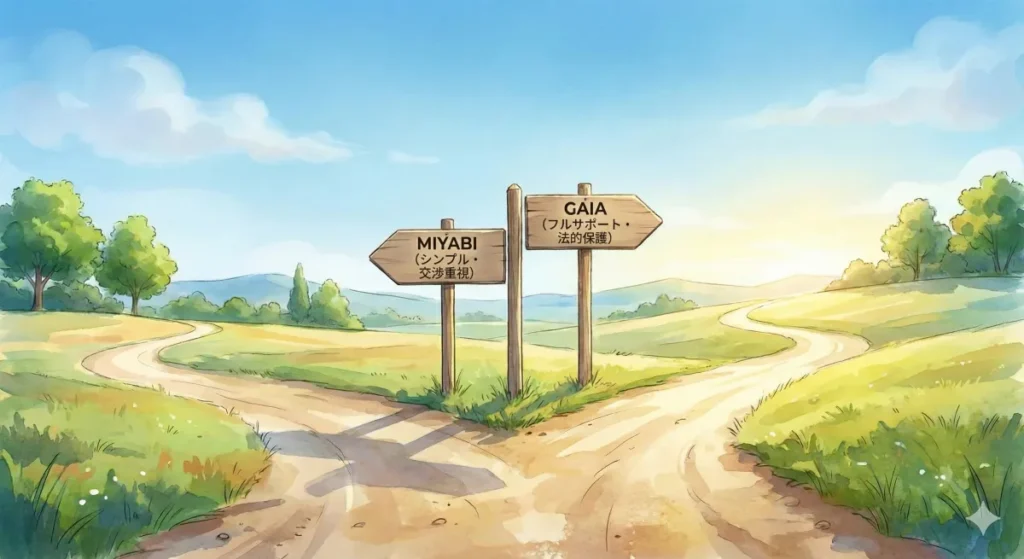 退職代行みやび(交渉重視)とガイア(法的保護)のどちらを選ぶか迷う分岐点のイメージ