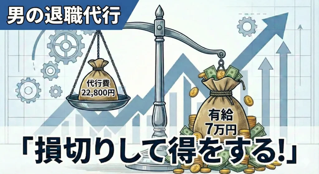 男性向け退職代行の費用対効果を示す天秤のイラスト。左の皿の「代行費22,800円」に対し、右の皿の「有給7万円」の金袋が圧倒的に重く、右側に大きく傾いている様子。「損切りして得をする！」という強力なメッセージで、費用を払ってでも有給消化するメリットを強調した図解。