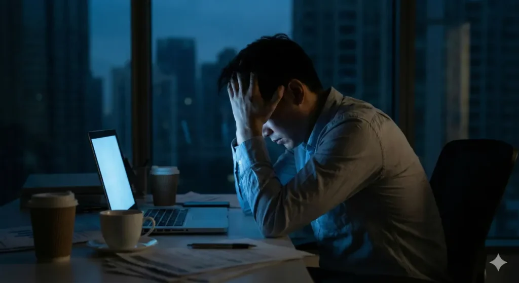 深夜の暗い部屋でパソコンの光を浴びながら、精神的に追い詰められて頭を抱える会社員