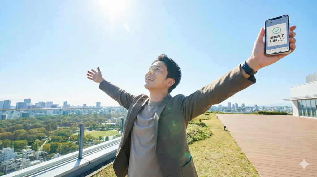 晴れ渡った青空の下、「退職完了しました!」の画面を見て両手を広げ、重荷から解放された笑顔の男性