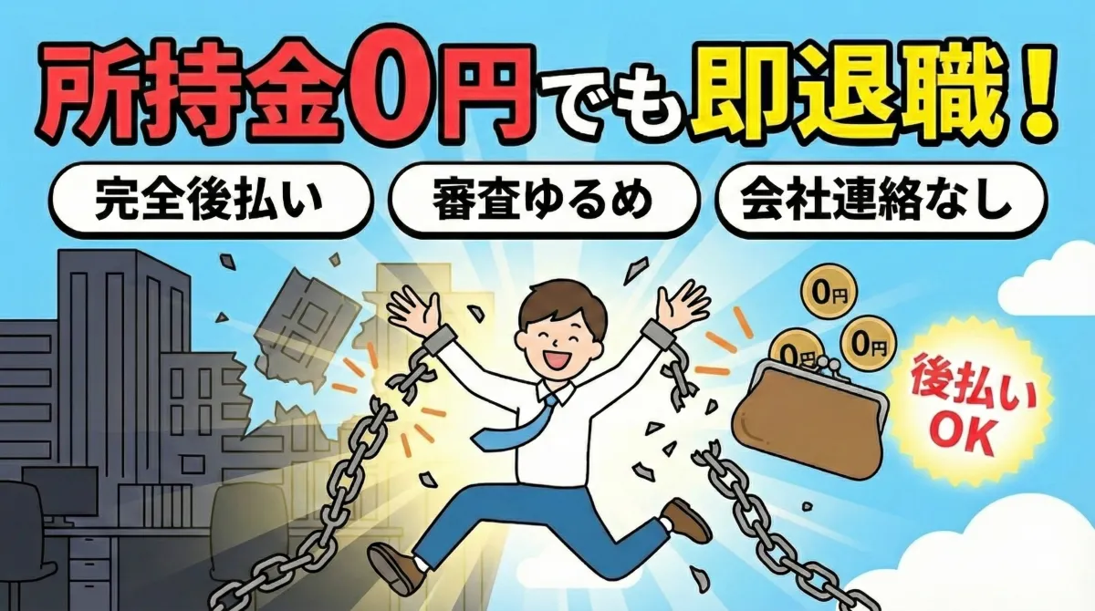 所持金0円でも利用可能な退職代行「即ヤメ」のアイキャッチ画像。ブラック企業の鎖を引きちぎって脱出する男性と、空っぽの財布でも後払いで即日退職できることを示すイラスト。