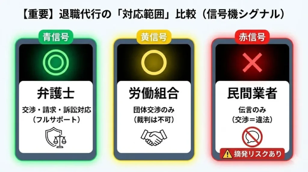 退職代行業者の対応範囲を信号機で示した比較図解。青信号の「弁護士」は交渉・請求・訴訟対応までフルサポート。黄信号の「労働組合」は団体交渉のみ。赤信号の「民間業者」は伝言のみで交渉は違法（非弁行為）であり、「⚠️ 摘発リスクあり」と警告している。