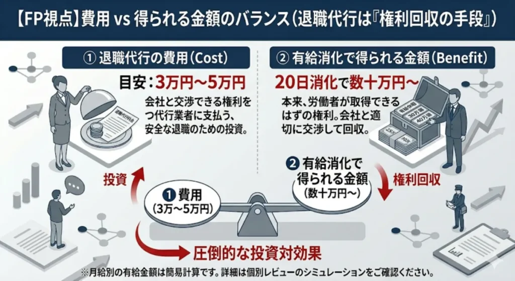 FP視点で見る退職代行の投資対効果。目の前の出費（約3万円）と本来受け取る権利（約29万円）の天秤比較