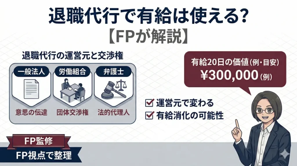 退職代行で有給は使える？FPが解説する運営元（一般法人・労働組合・弁護士）の違いと有給20日（約30万円）の価値