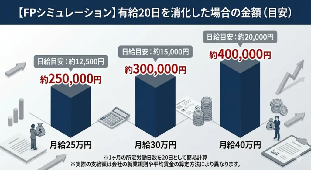 【FPシミュレーション】月給別・有給休暇20日を消化した場合の受け取り金額の目安