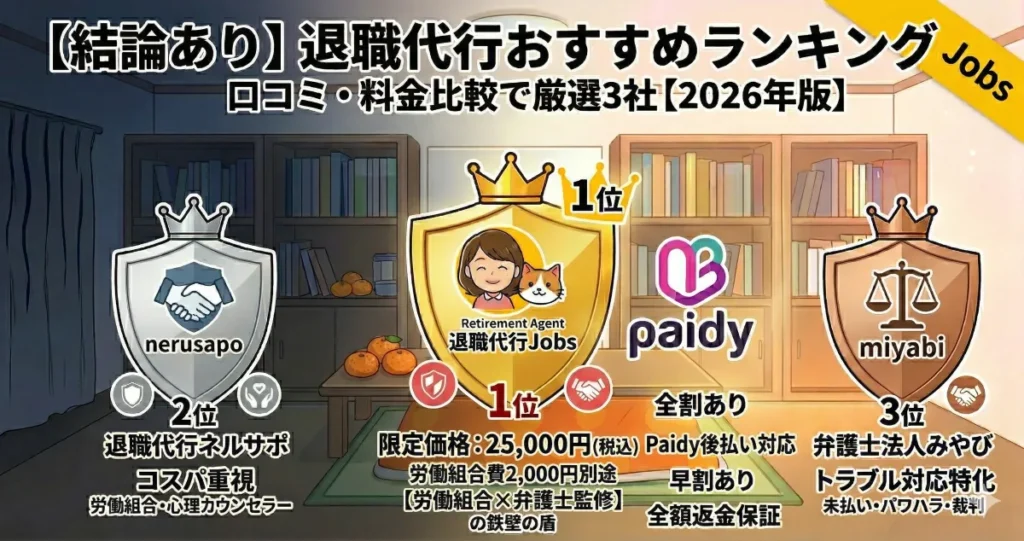 退職代行おすすめランキング2026｜1位Jobs・2位ネルサポ・3位みやび（弁護士）比較｜忖度なし厳選3社【よろず屋ログ】