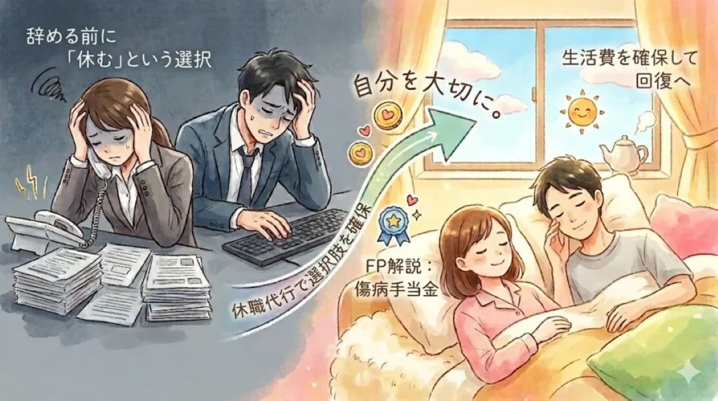 休職代行サービスを利用して、傷病手当金を受け取りながら心身を休める男女のイラスト（休職代行おすすめ比較（わたしNEXT、男の退職代行）アイキャッチ画像）