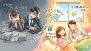 休職代行サービスを利用して、傷病手当金を受け取りながら心身を休める男女のイラスト（休職代行おすすめ比較（わたしNEXT、男の退職代行）アイキャッチ画像）